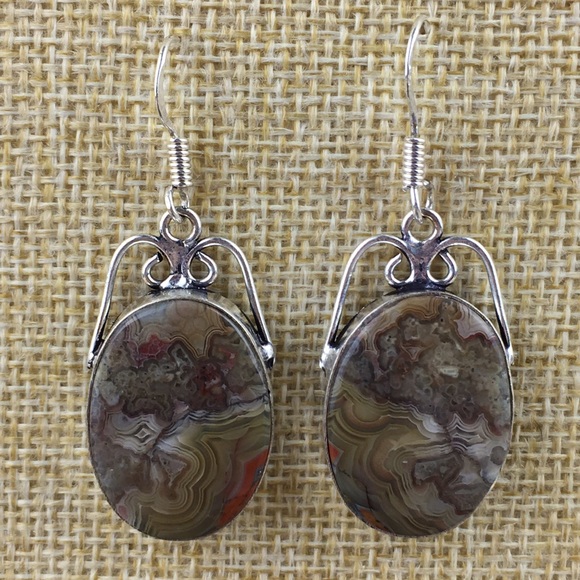 Crazy Lace Agate Stone Hook Dangle Earrings - Picture 5 of 10